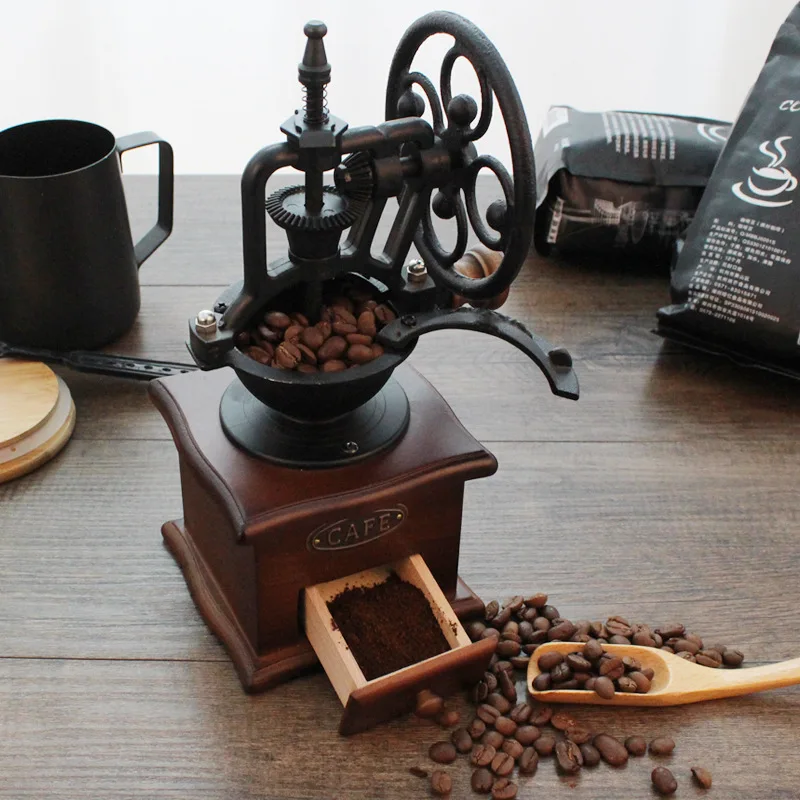 

Classical Wooden Manual Coffee Grinder Hand Cast iron Retro Handmade Coffee Beans Spice Mini Burr Mill Grinders Kitchen Tool