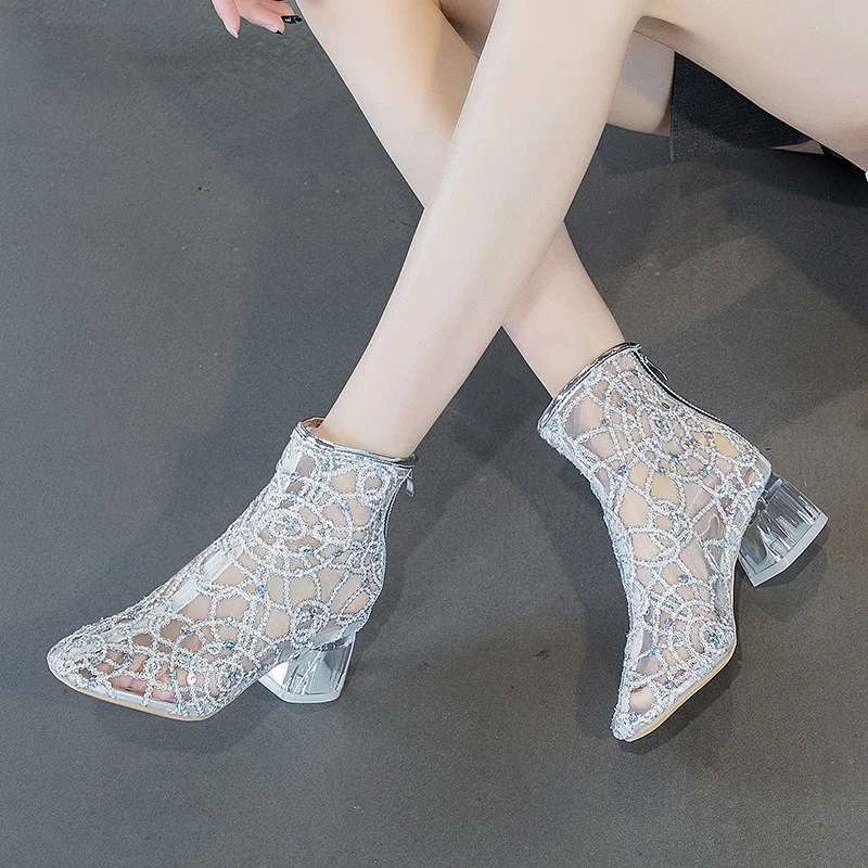 

2021 Women Boots Summer Female Fashion Mid Calf Lady Increasing Thick Sole Shoe High Heel Rhinestone Glitter Breathable Platform