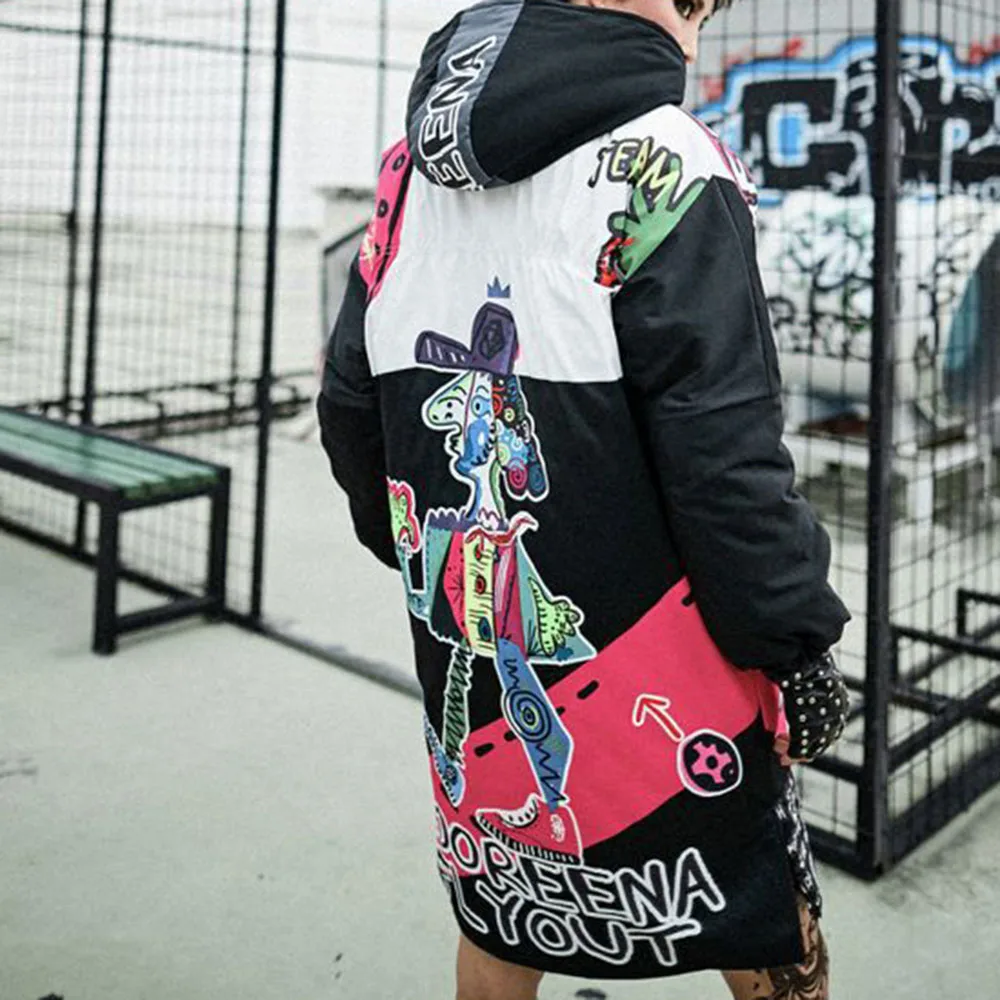 Зимняя женская хлопковая стеганая куртка с капюшоном на молнии мультяшным