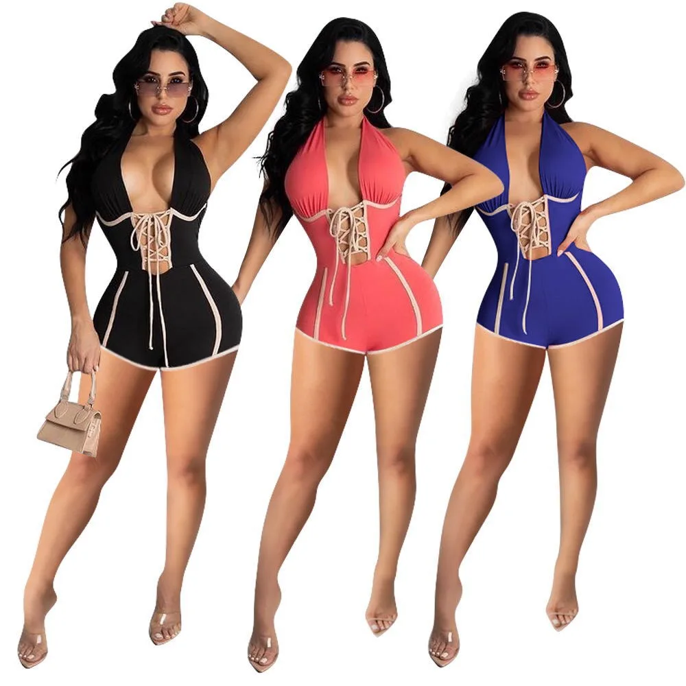 

Summer Halterneck Sexy Lace Up Bodysuit Women 2021 Beachwear Backless Playsuit Fashion Line Decoration Bandage Female Jumpsuit
