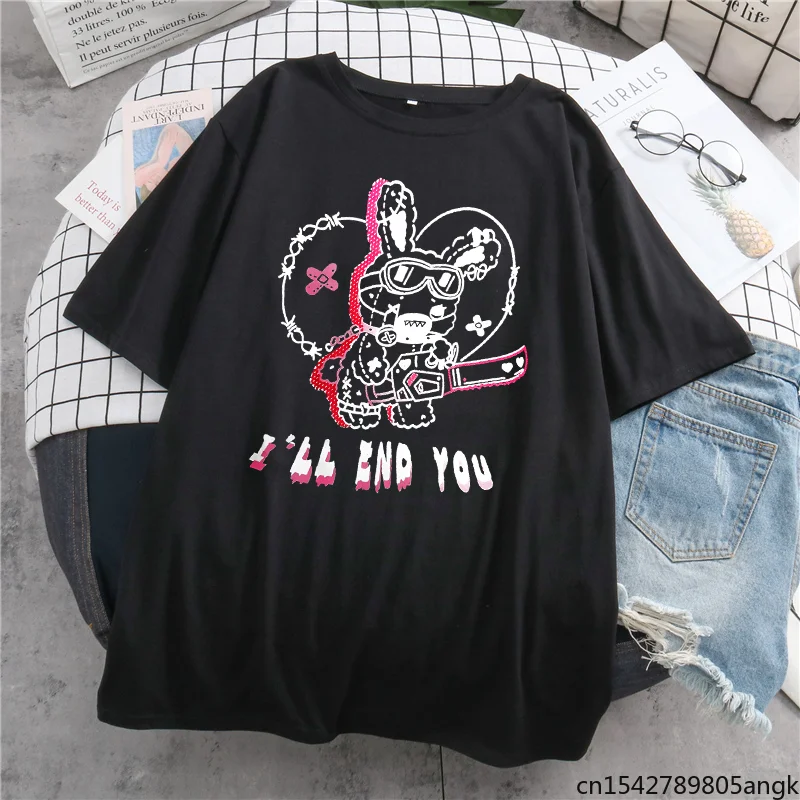 

Готический медведь мультфильм Ulzzang с коротким рукавом Повседневная Панк Harajuku размера плюс Ретро Kawaii женская футболка