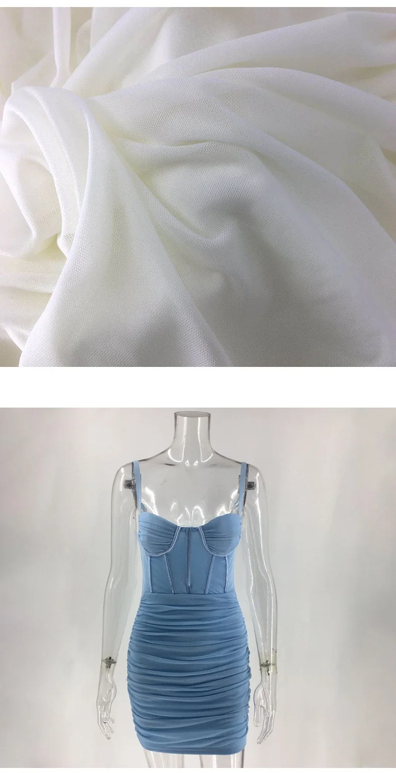 

Sexy backless strapless ruched mesh summer dress spaghetti strap mini bodycon dress woman night party club dress black/blue