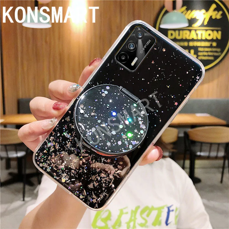 

KONSMART For OPPO Realme GT 5G Case Glitter Star Clear Soft Mirror Stand Holder Cover Realmegt Phone Cases Fundas