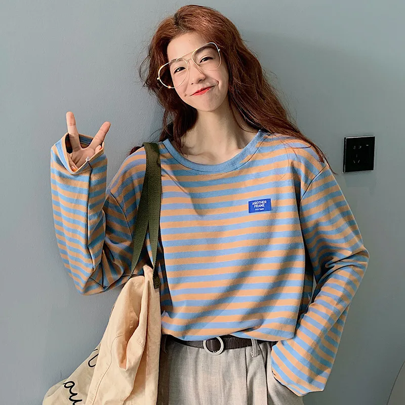 Picture color Harajuku корейский стиль Осень с длинным рукавом Kawaii полосатая женская футболка Modis уличная женская одежда Blusas Mujer de Moda - Цвет: Picture color