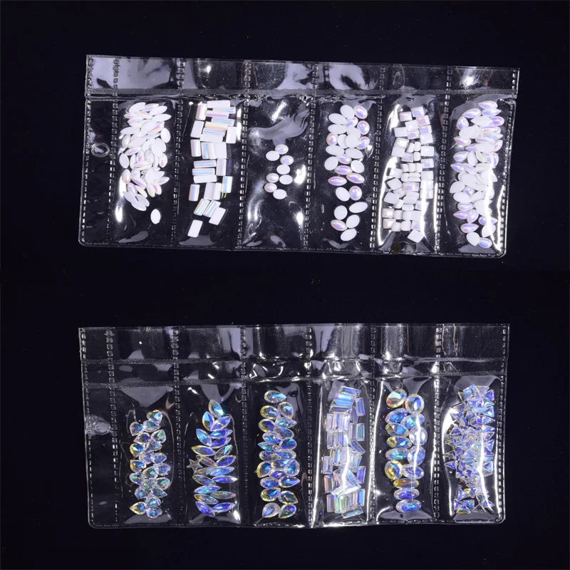 

6 Grids AB Color/White Nail Crystal Rhinestones Multishapes Non Hot Fix FlatBack Glass Crystal Stones For Nail Charms Rhinestone