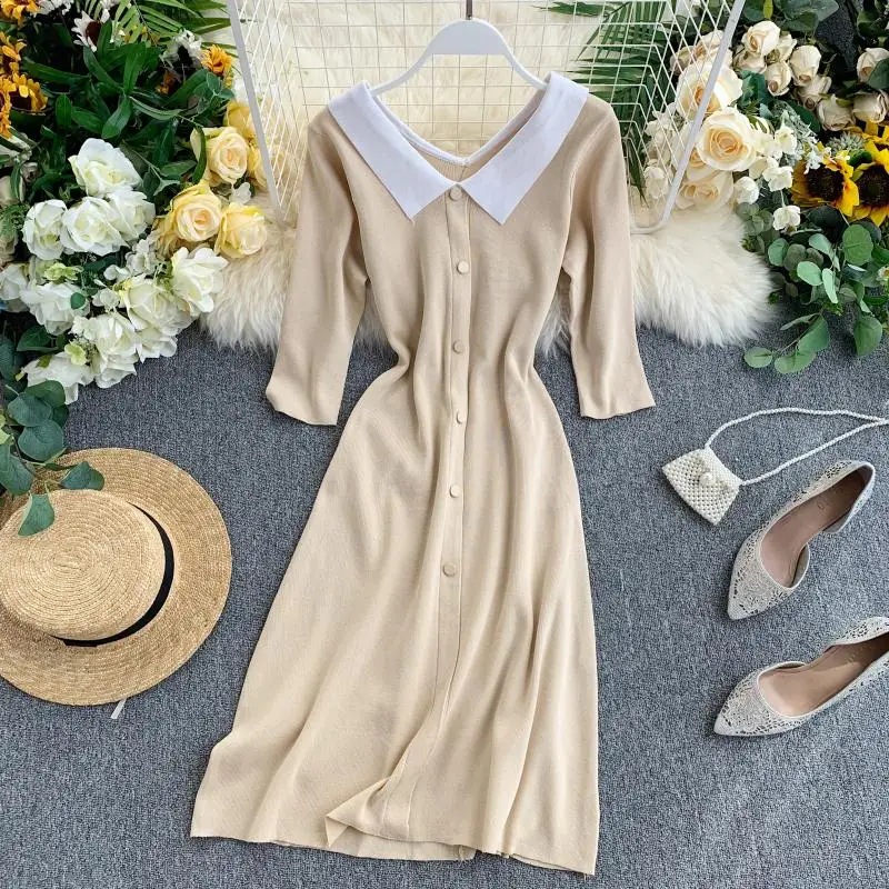 Новинка года; модное женское зеленое платье; женское платье с воротником «Питер Пэн»; Цвет Франция; милое вязаное платье