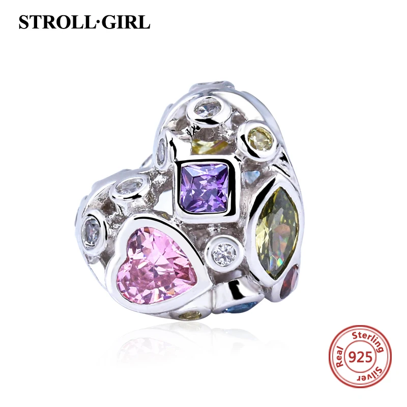 

Fit Authentic Pandora Bracelet New Charm 925 Sterling Silver Heart With Colors Clear CZ Stone Charms beads Jewelry Women Gifts