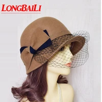 winter vintage bow wool felt bucket hats for women ladies net cloche hats female chapeau free shipping pwfe049