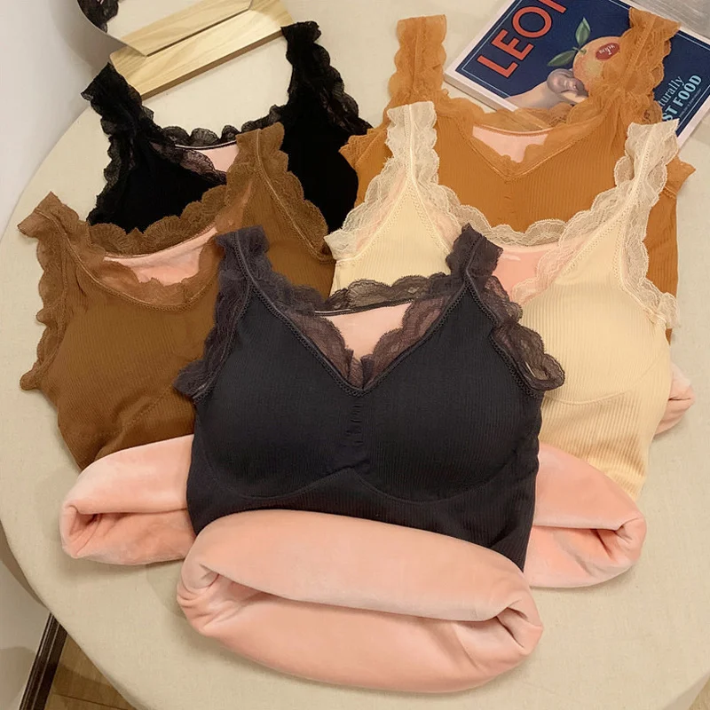 Close fitting warm vest women's autumn winter Plush thickened heating underwear with breast pad bottom shirt Rac | Женская одежда