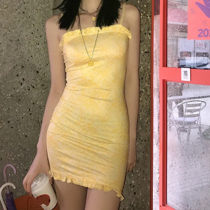 

Ladies Mini Dresses Sexy Fashion Sleeveless Floral Pattern Neck Sling High Waist Package Hip Slim Casual A-Line Dress 2021 New