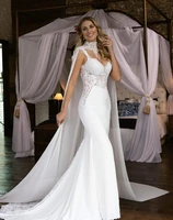 2022 new elegant fashion long mermaid wedding dresses with detachable cape lace applique sweep train bridal gowns