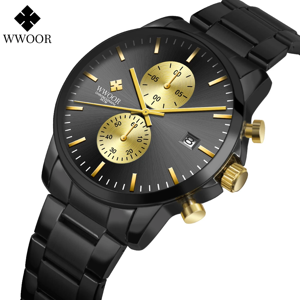 

WWOOR Men Watches 2021 Luxury Black Business Quartz Clock Analog Chronograph Sport Waterproof Stainless Steel Wristwatch For Men