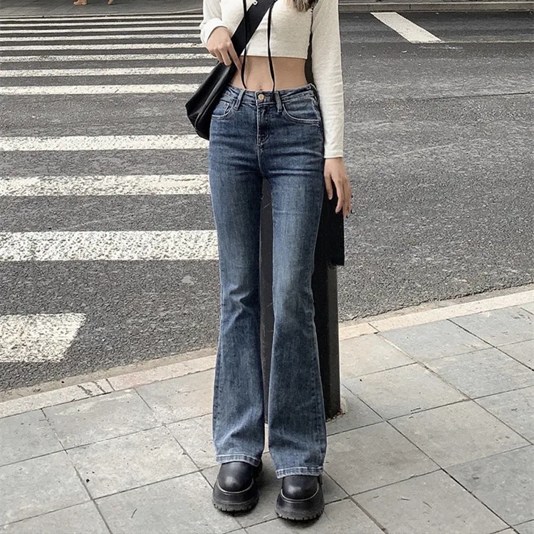 

2022 Vintage Blue Low Waist Flare Denim Pants Pockets Jeans Women Y2k Wide Leg Trousers Women Sexy Jeans