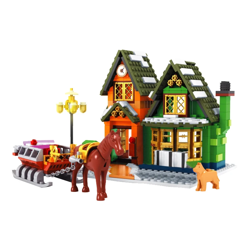 

Locking Christmas Train Village Tree House Christmas Figure Santa's Sleigh Model Building Blocks Toys For Children Gifts Locking