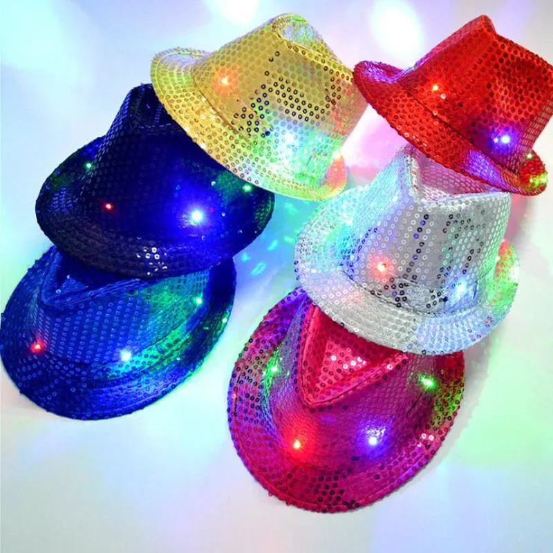 

2022 New Colorful LED Flashing Hat Fedora Hat Cap Dance Performance Lighted Sequins Jazz Hats Wedding Party Hats