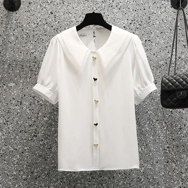 

Plus Size Women Summer Casual Chiffon Blouses New 2021 Fashion Peter Pan Collar Loose Female Short Sleeve Tops Shirts W247