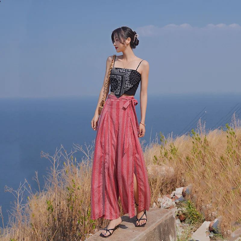

2021 new leisure holiday style chiffon high waist wide leg pants drag to split wide leg pants thin trousers