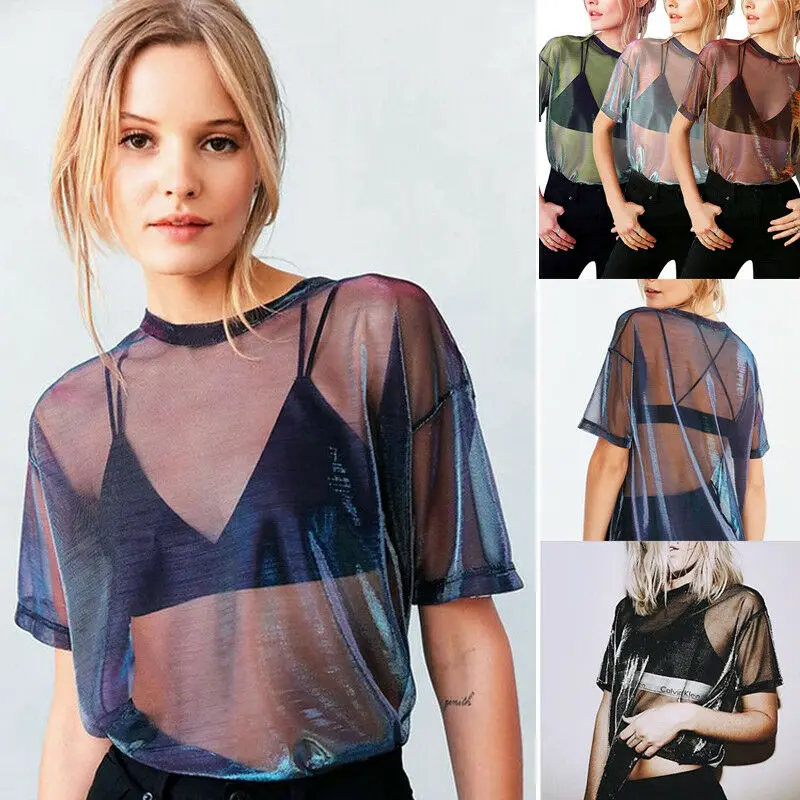 Женские сексуальные сетчатые топы с коротким рукавом прозрачные футболки сеткой
