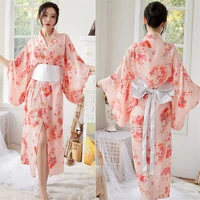 japanese sakura girl kimono dress obi for women kawaii yukata sexy long robe floral female chiffon japan style pajamas party