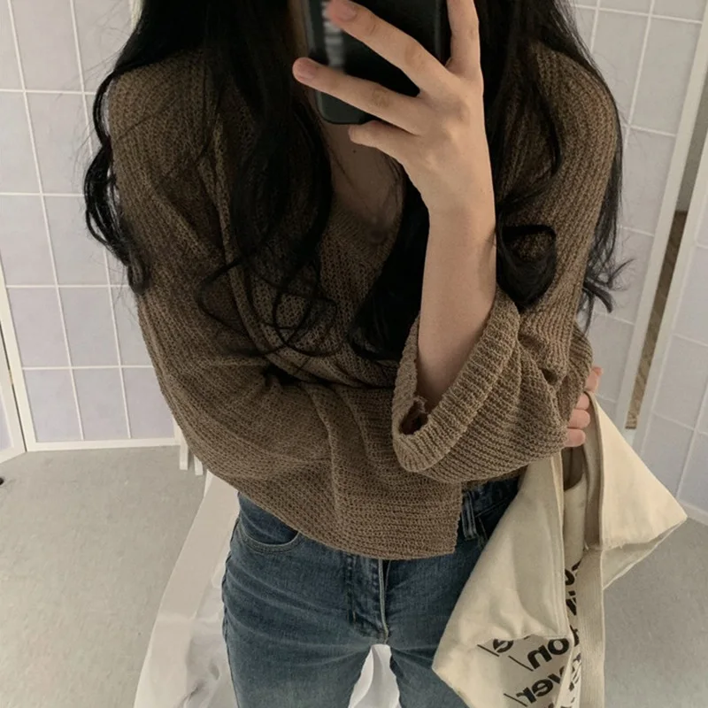 

Lazy Style Thin Sweater Women's Long-sleeved Autumn Loose And Casual Solid Color V-neck Sweater