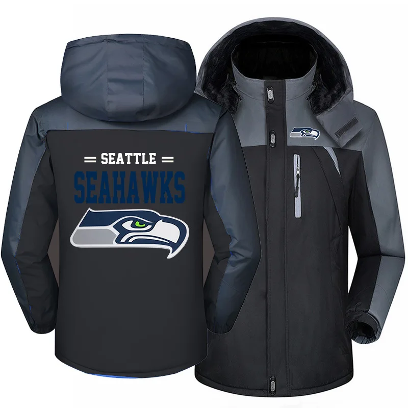 

Seattle Men Seahawks Winter Jackets Coat Print Sports Clothes Windproof Warm Plus Velvet Football Zipper Jacket for Outdoor