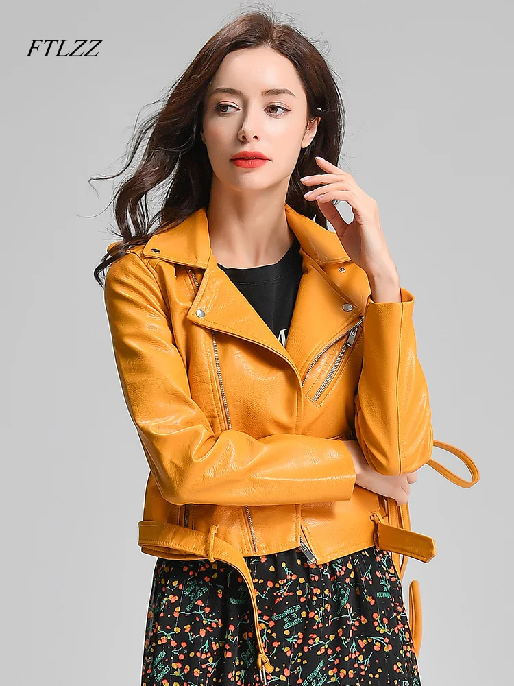 

FTLZZ Moto Leather Jacket Women Short Leather Jacket Biker Coat Zipper Outerwear Slim Black Yellow Faux Leather Moto Jacket