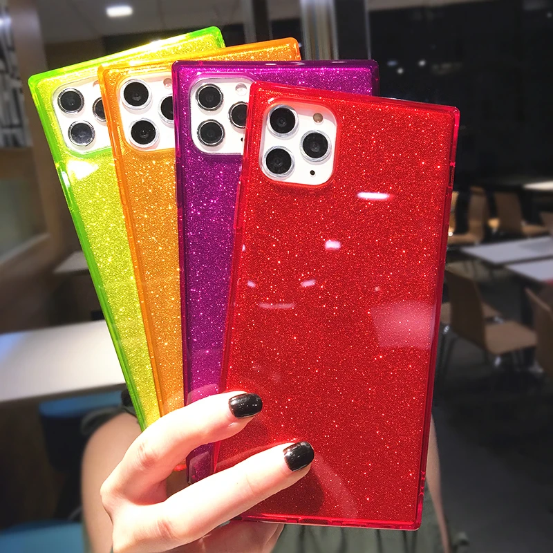 Square Fluorescent Color Glitter Phone Case For iPhone 14 Pro Max 13 12 11 X XS XR 7 8 Plus SE 2020 Transparent Soft TPU Cover
