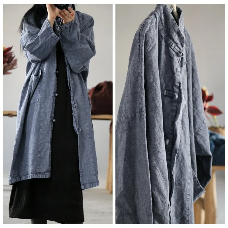Женское длинное льняное пальто в стиле ретро винтажное толстое тренчкот на осень