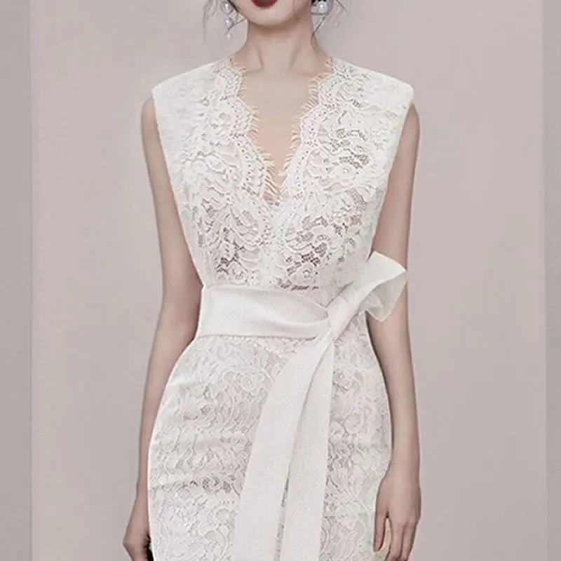 Пикантные черный белый цвет и кружевами кроше Вечерние Платье женское платье без