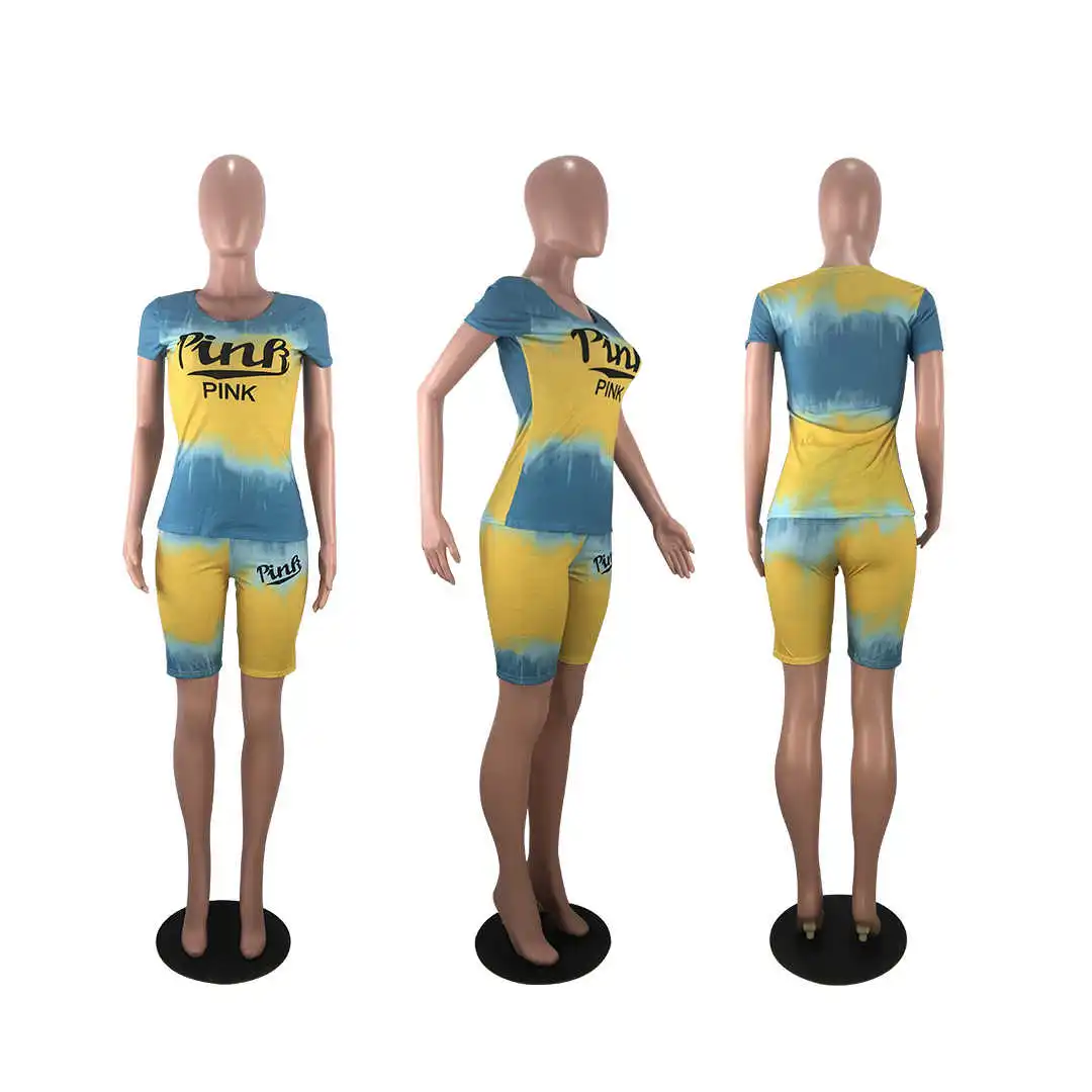 

Tie Dye Two Piece Set Women Pink Letters TShirt Biker Shorts Set Sweatshirt Outfits Ensemble Jogging Femme Summer Clothes