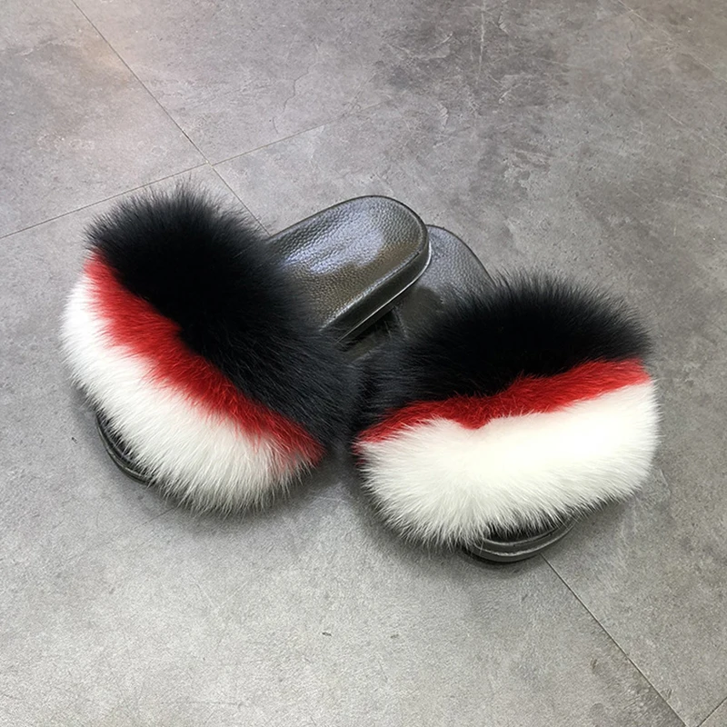 

Women Fur Slides Drop Shipping Slippers Real Fur Slippers Fluffy Raccoon Women Slides Flip Flops Mixed Colors Fox Fur Shoes