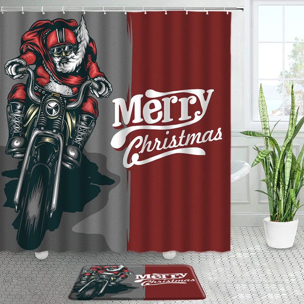 

Забавный Санта-Клаус ретро мотоцикл Рождество декор для ванной комнаты занавески для душа набор ковриков для ванной новогодний праздничны...