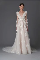 fashion romantic 3d flowers bridal gown 2018 deep v neck long sleeve appliques lace vestido de noiva mother of the bride dresses