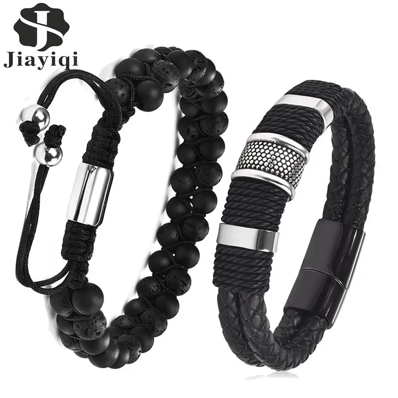 Мужской браслет из натуральной кожи с бусинами | Украшения и аксессуары