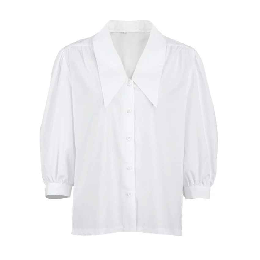 

Elegant Female Office Work White Blouse Lantern Sleeve Oversize Collar Shirts 2021 Spring Autumn Womens Tops Blouses Streetwear