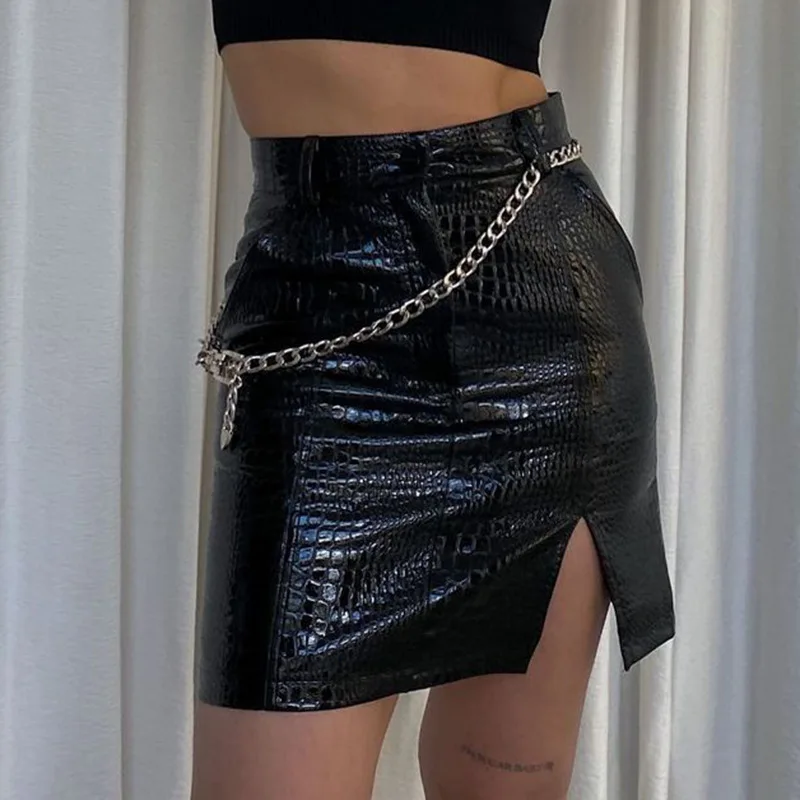 

Women's PU Leather Mini Skirt Sexy High Waist Crocodile Pattern Split Hem Bodycon Short Skirts Summer Fall Office Wear