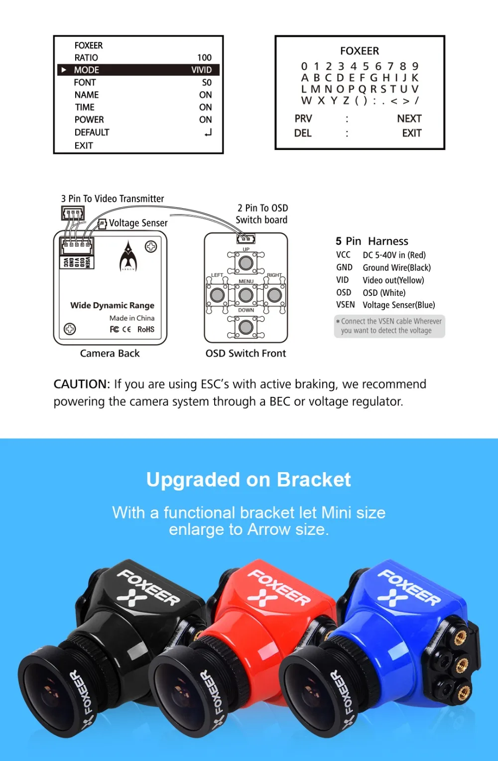 Высококачественный Foxeer Arrow Mini/standard/Micro Pro PAL FPV камера 1,8/2,1 мм с OSD черный/синий/красный для FPV RC Дрон