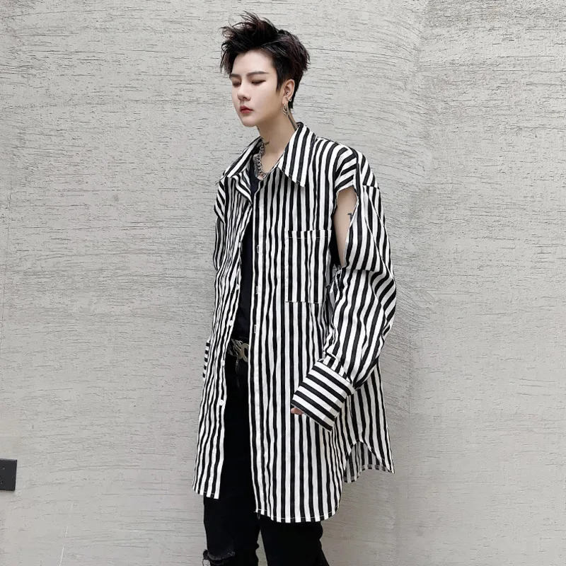 

IEFB 2021 Spring Summer New Men's Big Size Tops Striped Trend Hole Hollow Out Loose Long Sleeve Lapel Casual Shirts 9Y6653