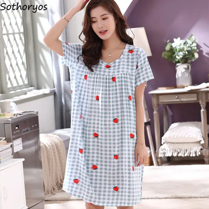 

Women Nightgowns Short Sleeve Summer Loose Sleepshirts Popular 4XL Print Round Neck Korean Style Breathable Womens Sleepwear