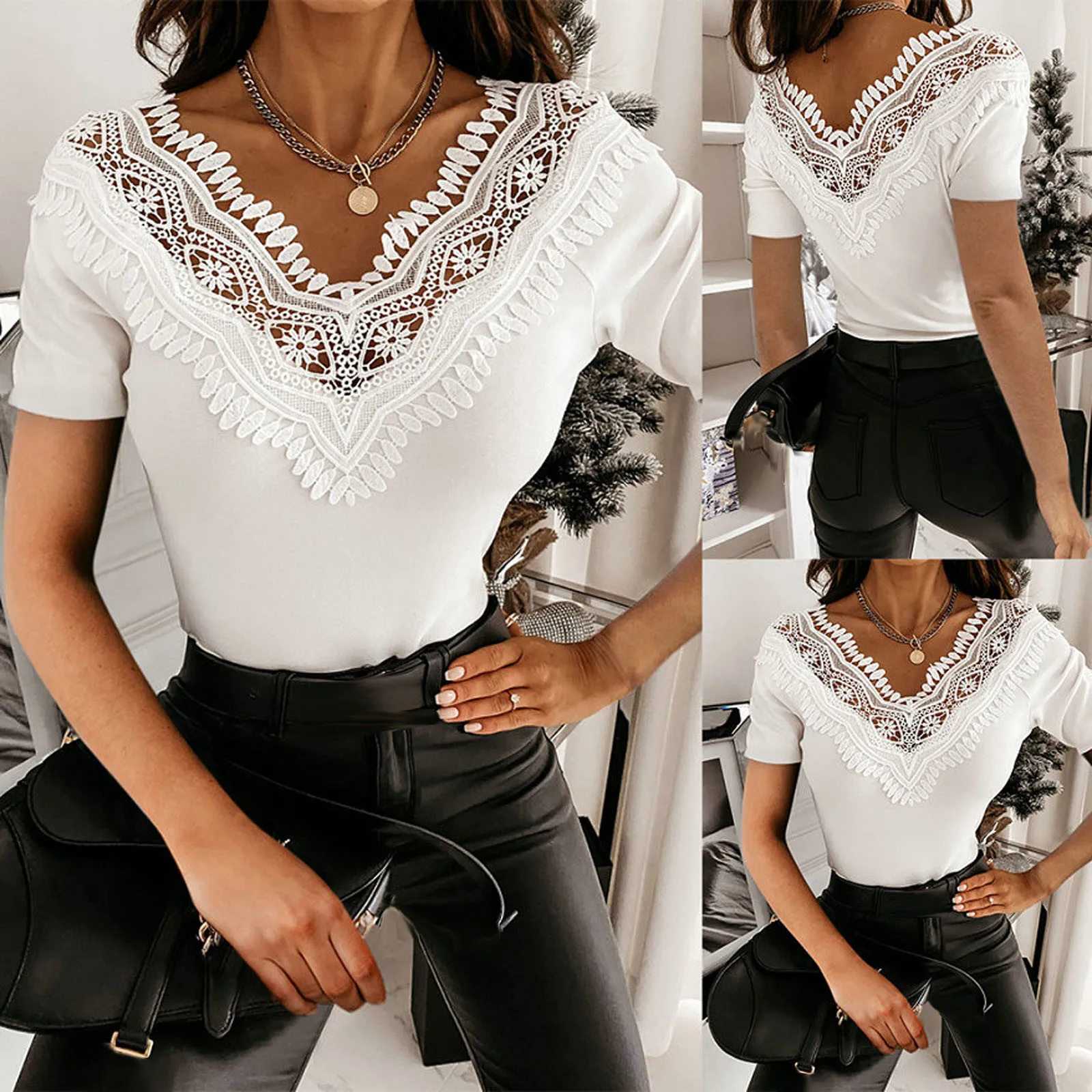 

Ladies V-neck Lace Hollow Top Fashion Women's Solid Short Sleeve T-Shirt Lace Hollow Slim Sexy Casual Top D*