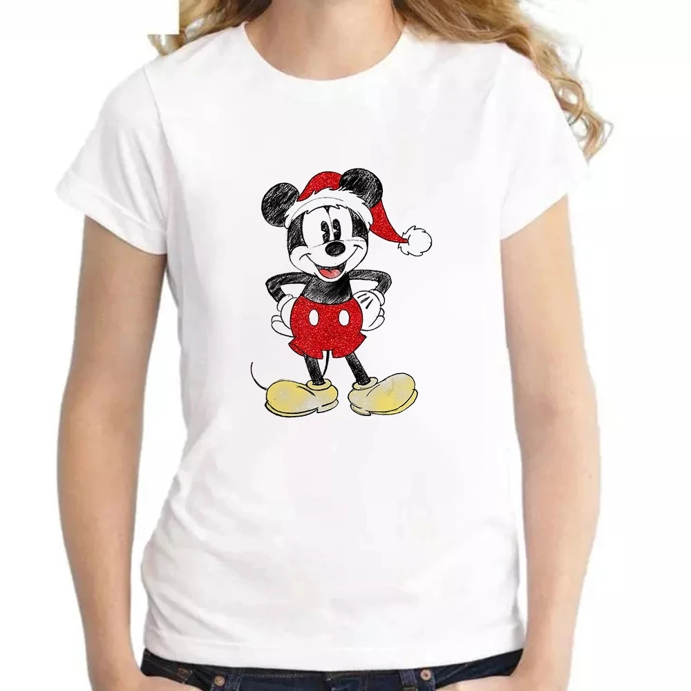 

New Mickey Mouse Christmas Cartoon Disney Woman Clothes Summer Harajuku Casual Tops White Basic Short-Sleeved Female T-shirt