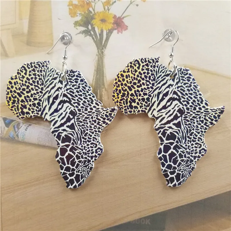 

Vintage Map Shape Wood Printing Women Pendant Drop Earring Statement African Ethnic Fashion Jewelry Wholesale For Women Girls