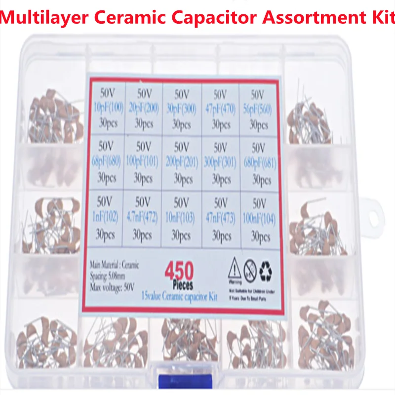 

450pcs Multilayer Ceramic Capacitor Assortment Kit 50v 10pF 20pF 47pF 56pF 68pF 100pF 200pF 1nF 4.7nF 10nF 47nF 100nF 15value