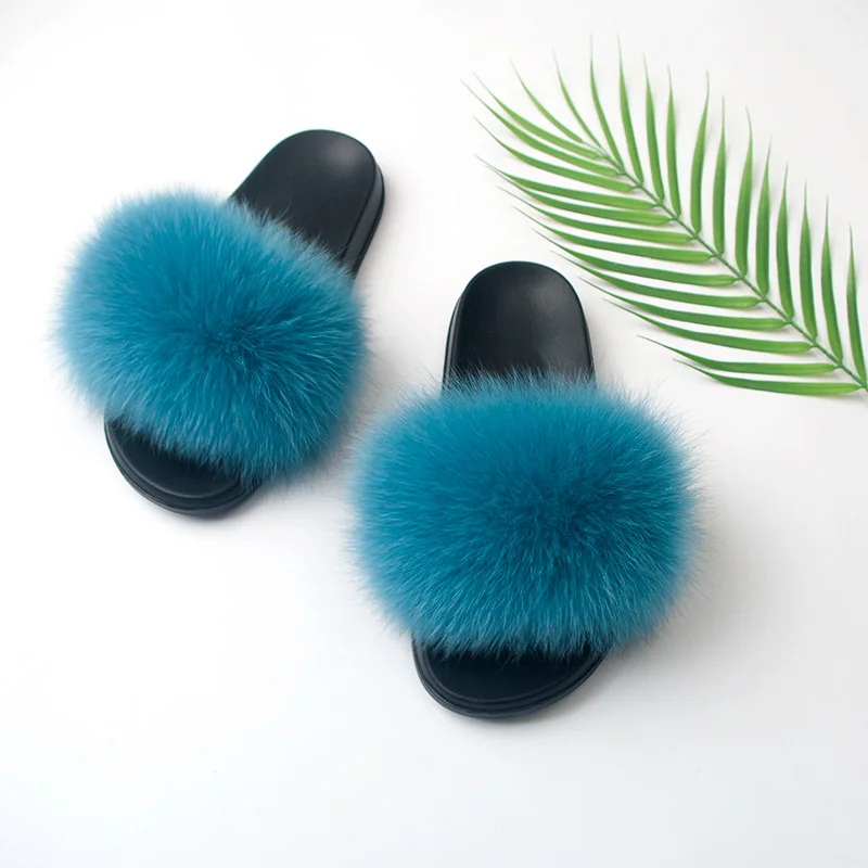 

Raccoon Fur Sliders For Women Real Fox Fur Slippers Woman Platform Furry Slide Fluffy Sandals Fuzzy House Shoes Mujer Indoor