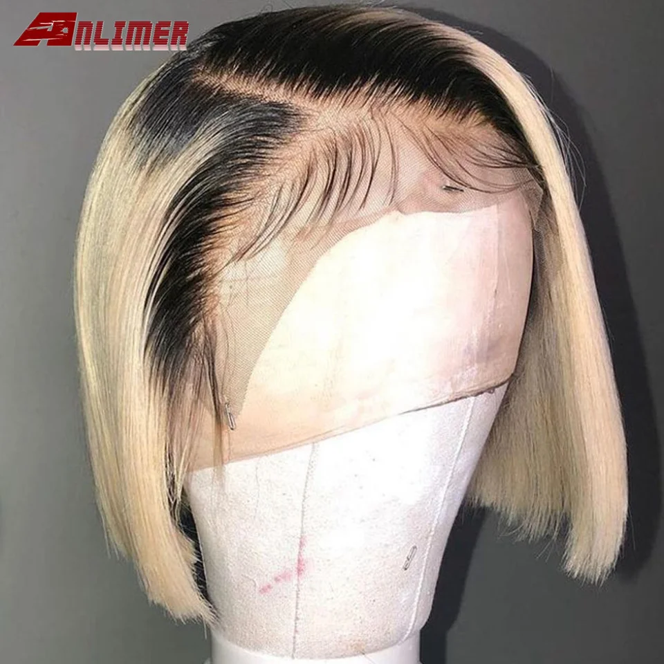 Corte em Linha Frente do Laço Perucas de Cabelo Humano para as Mulheres Cor do Laço Loira Ombre Peruca Frontal Curto Pixie Bob Reta 13×4 Remy 1b613 Mel 613