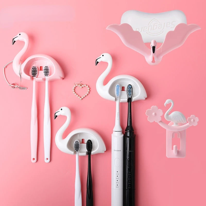 

2PCS Bathroom Accessories Flamingo Shaped Toothbrush Holder Sucker 2 Position Cartoon Wall Mount Toothbrush Storage Rack