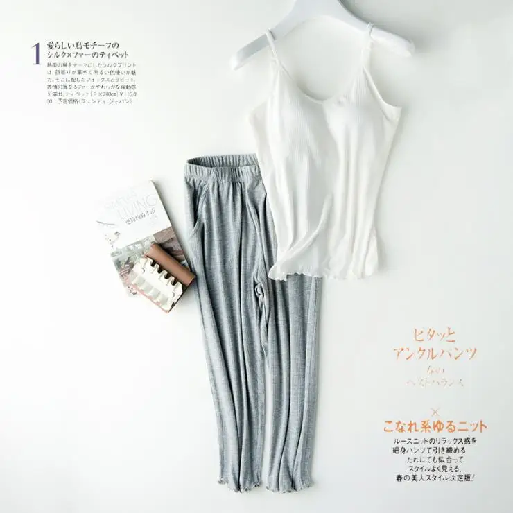 

Japanese-style cotton thin pajamas women's summer short-sleeved cropped pants suit with chest pad cup casual stretch loose home