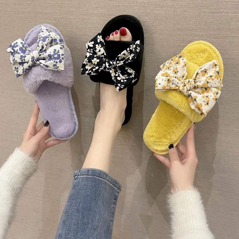 

Women Autumn Slippers Butterfly Knot Home Slippers Women Slides Shoes Flock Pantofle Fur Flip Flops Massage Soft Flat Slippers