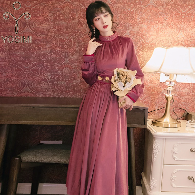 

YOSIMI Floral Embroidery Long Women Dress 2021 Autumn Winter Vintage Fit and Flare Ankle-Length Long Sleeve Velvet Dress Elegant