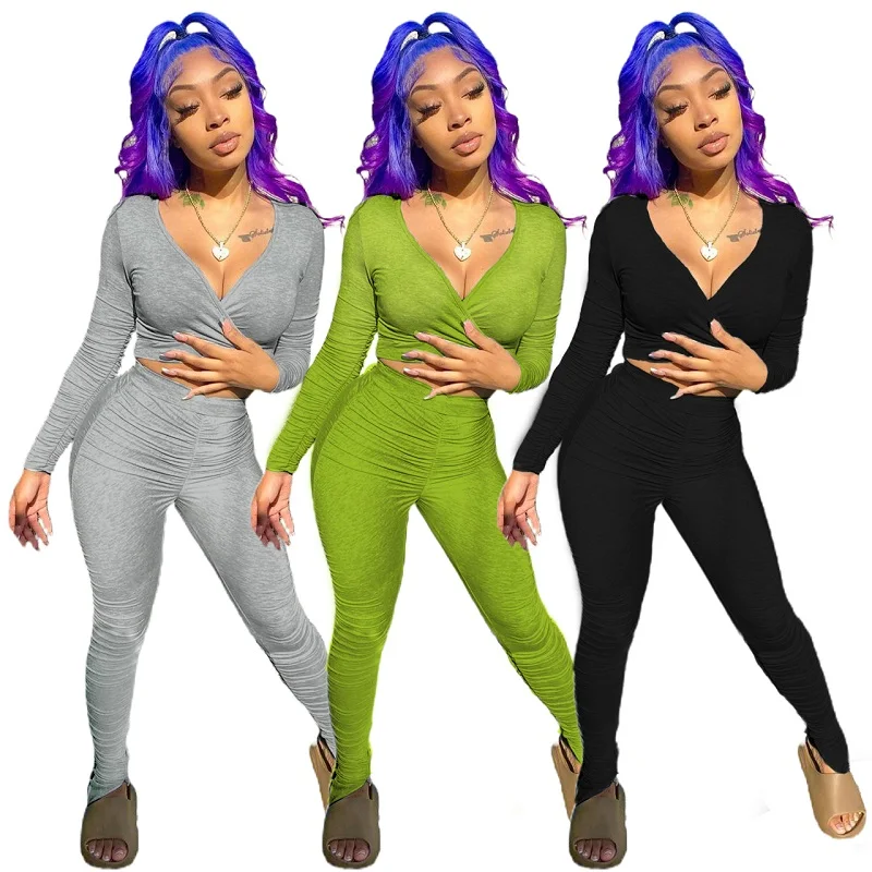 

Fall 2021 Women's Sports Casual Stretch Suit Sexy Cross V-Neck Short T-Shirt Tight Hip Trousers Pleated Feature Two-Piece Set